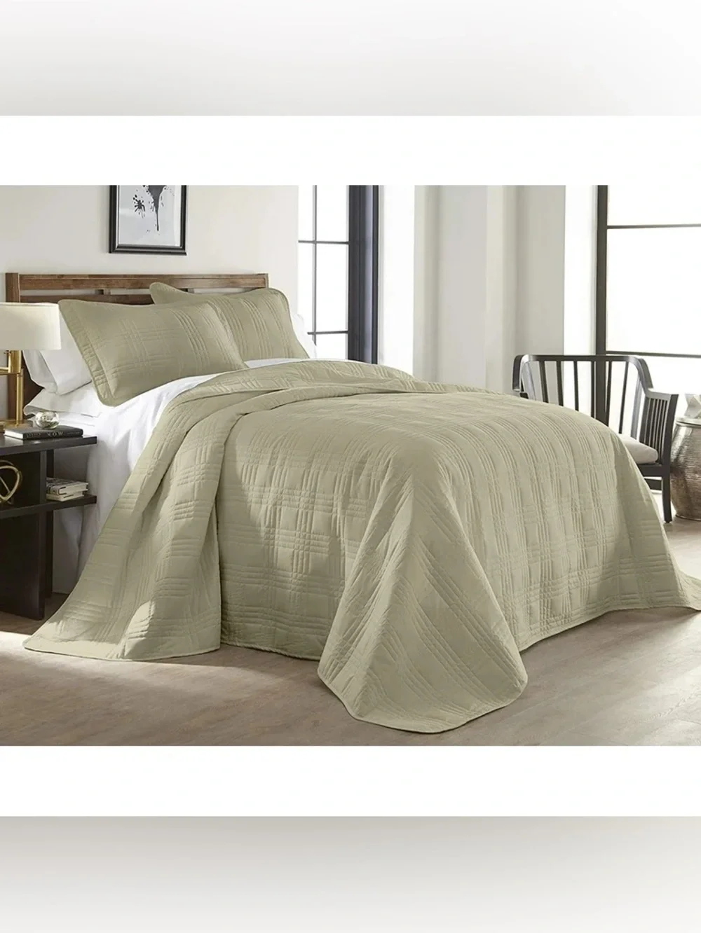 Reversible khaki oversized king 3 piece Quilt Set